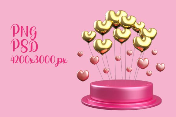 3D Pedestal with Gold Heart Balloons and Decorative Pink Pedestal with Golden Heart Shaped Balloons, 3D Illustration