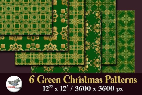 Forest Green Christmas Digital Seamless Patterns with Bright Gold Foil Floral Ornaments